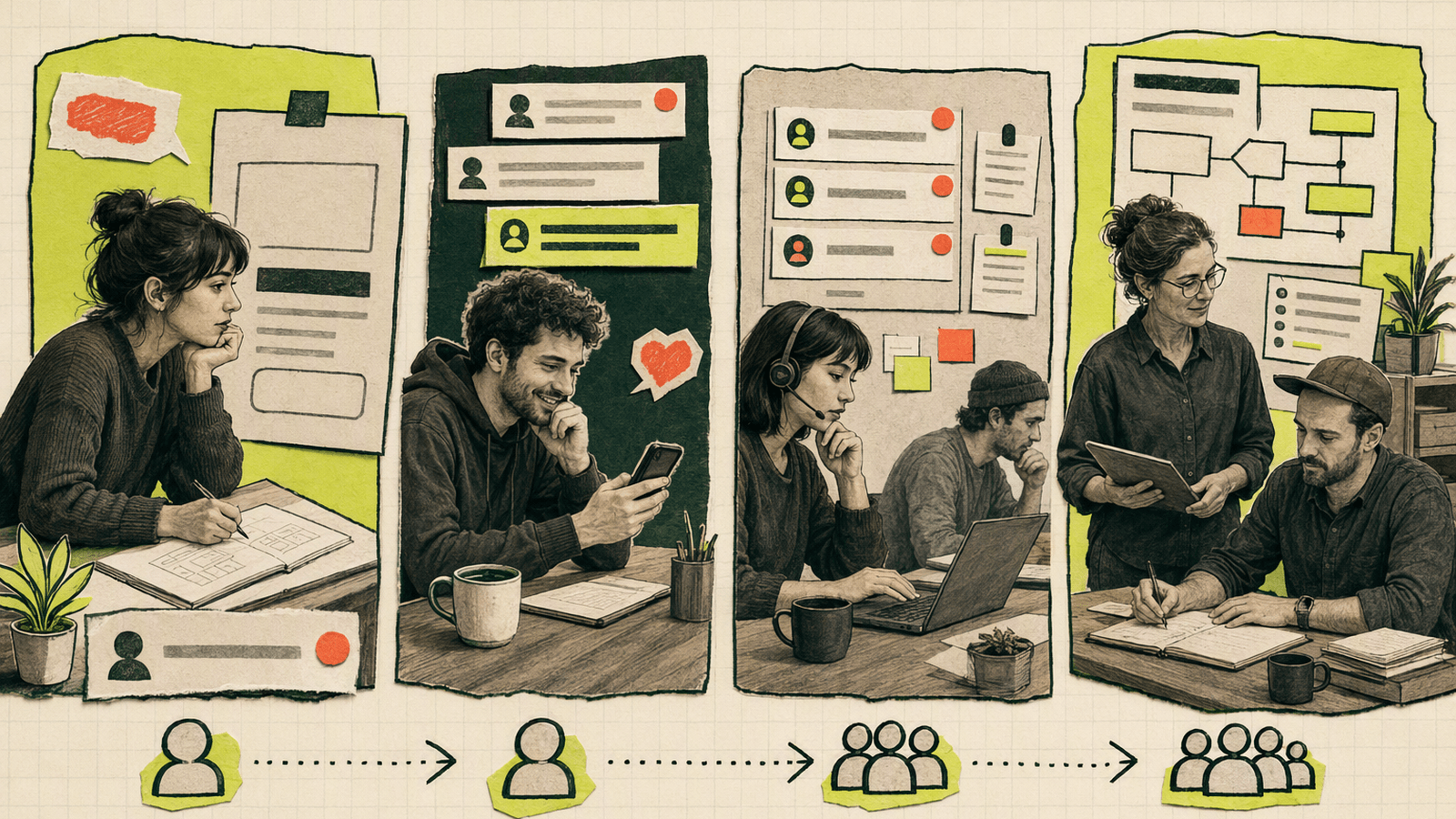 A founder and support team snapshots showing how customer communication needs change as a product grows.