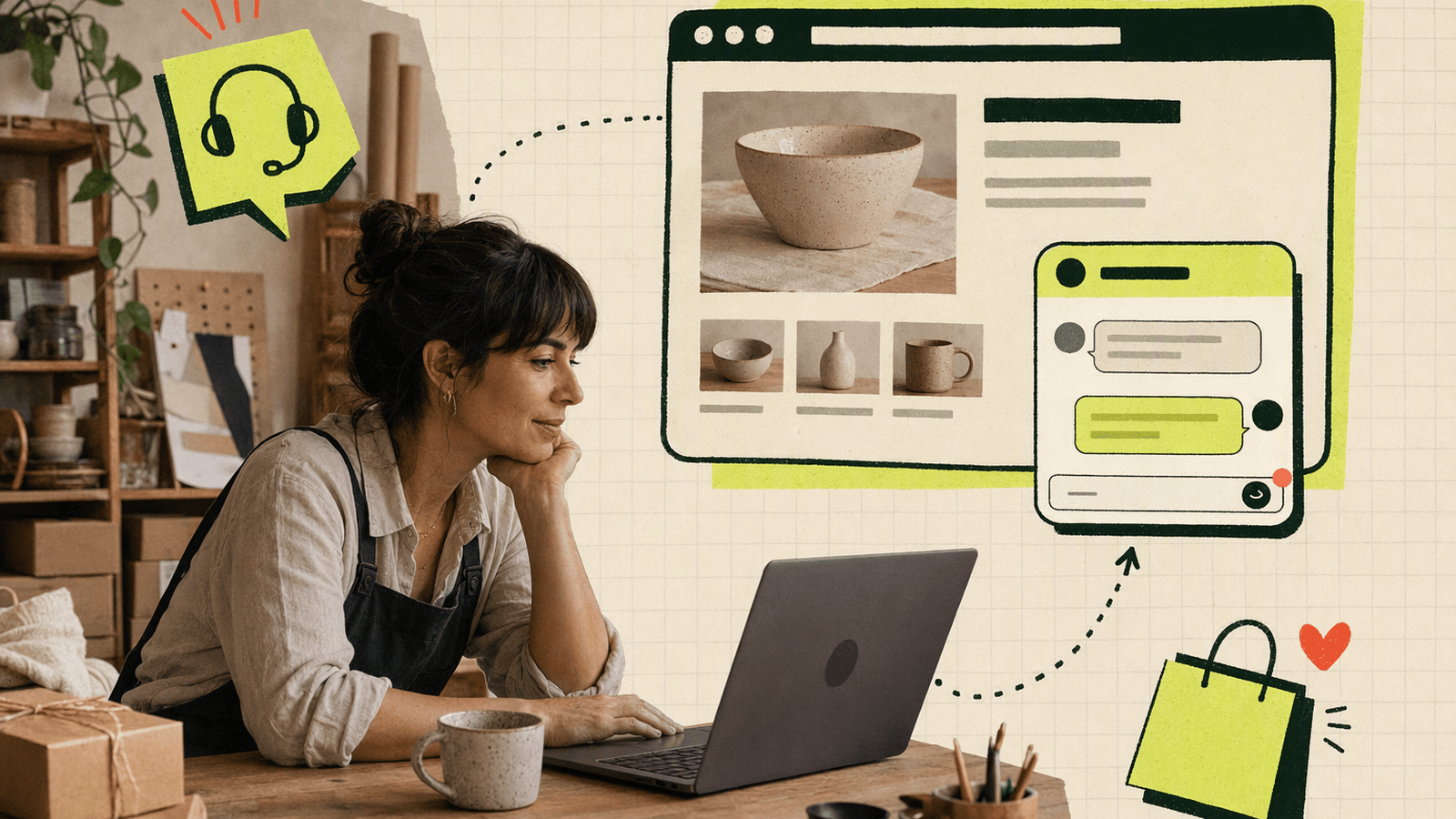 Solo shop owner reviewing a website with a small live chat widget ready to help a visitor before purchase.