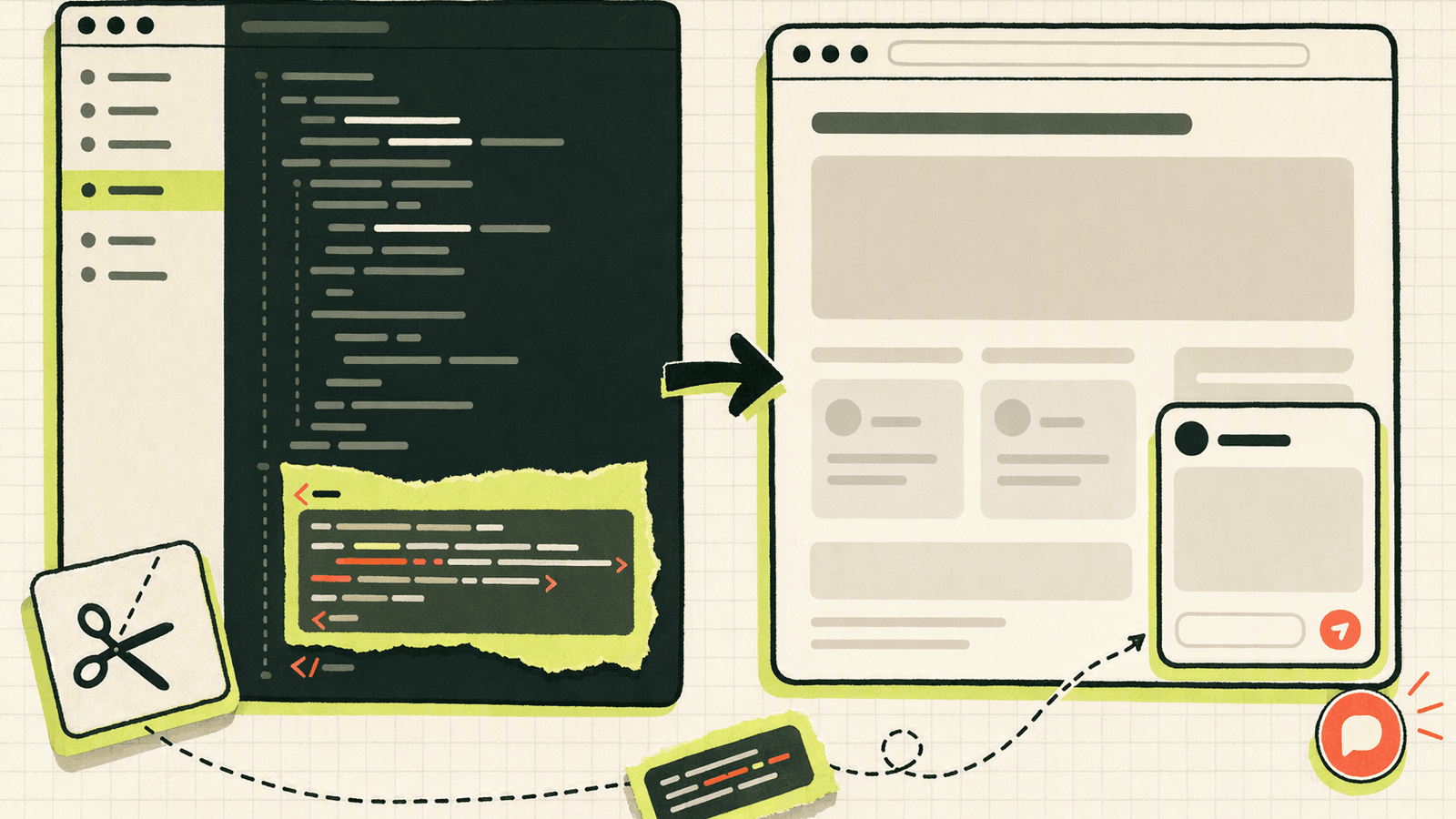 Code editor showing a script tag added before the closing body tag with a browser preview of the chat widget.