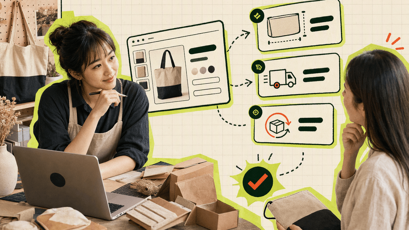 A store owner answers a shopper’s sizing and delivery questions while reviewing an online product page.