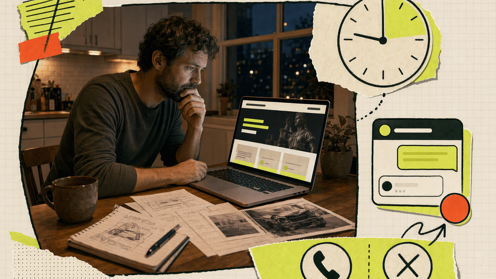 A worried potential client at a kitchen table reviewing a law firm website as a clock emphasizes the need for fast response.