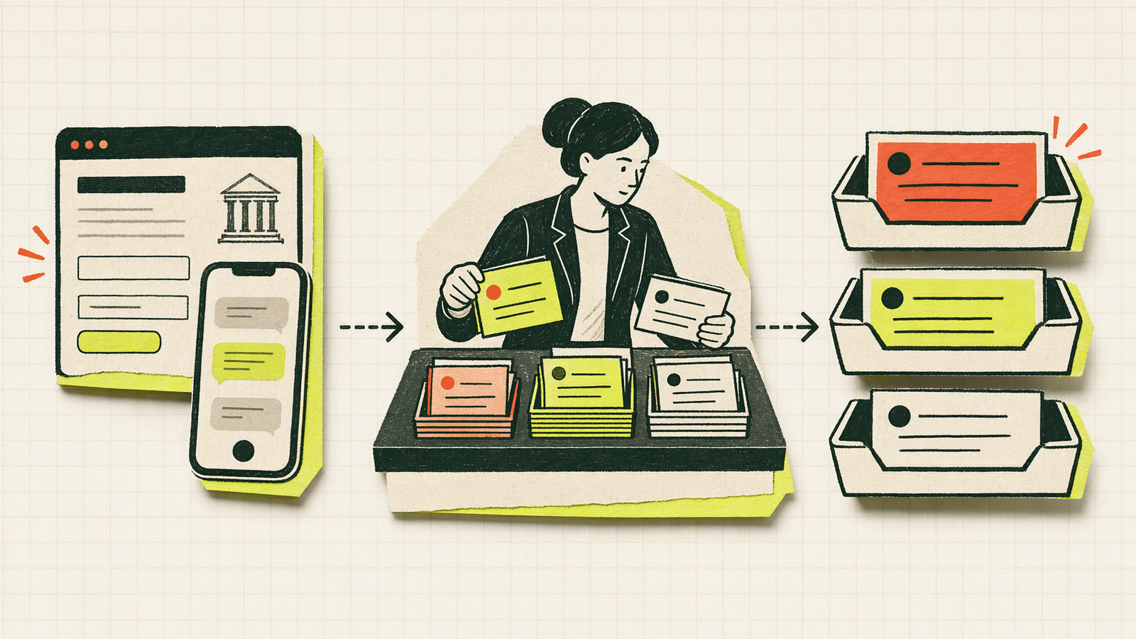 A legal intake coordinator sorts inquiry cards into urgent, qualified, and general trays for faster follow-up.