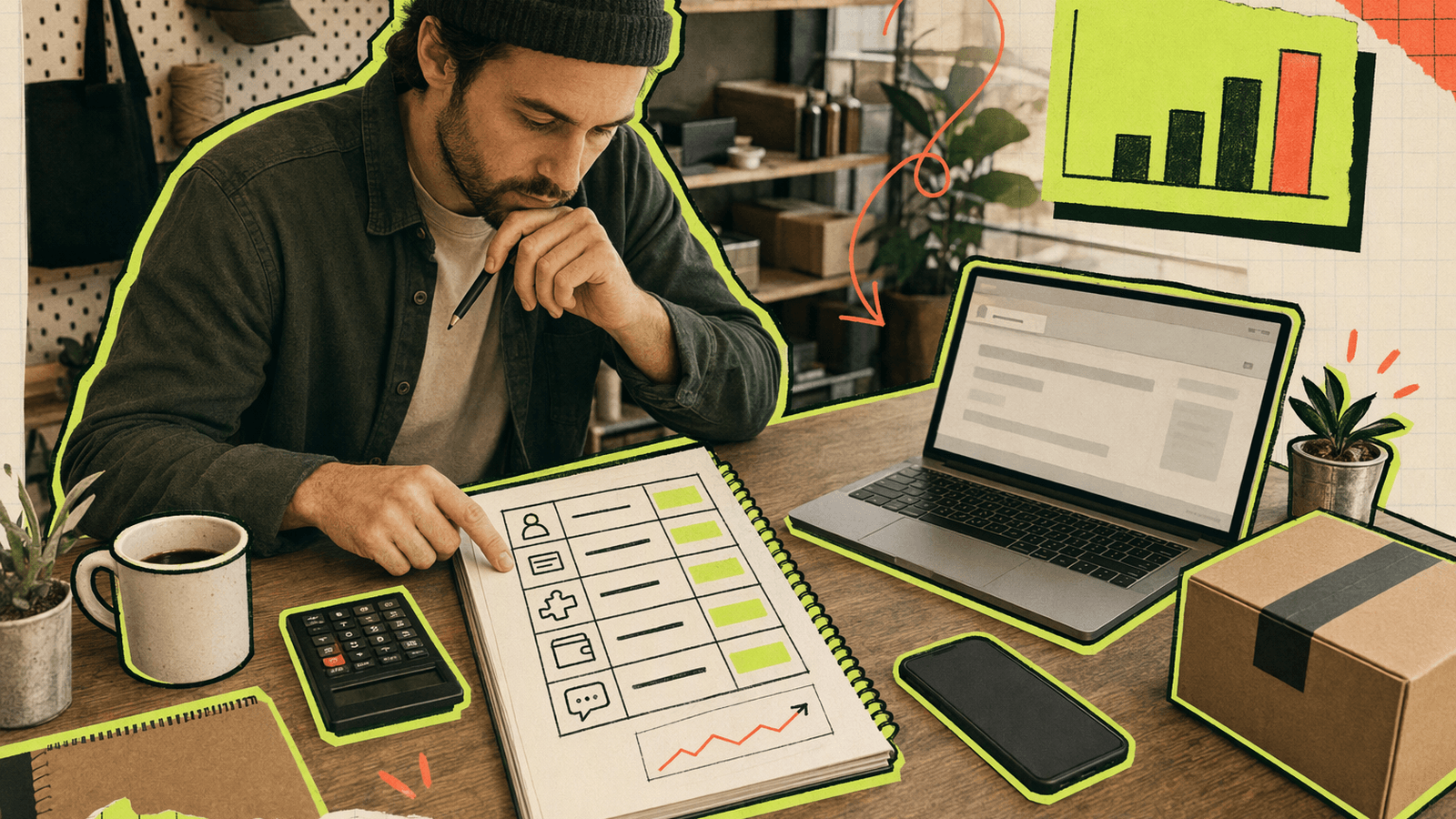 A small business owner calculates annual live chat costs with agent count, monthly price, and extra fees on paper.