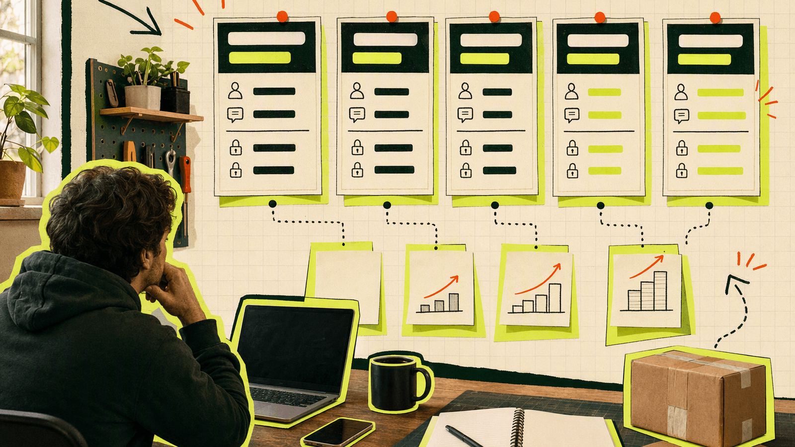 Founder comparing live chat plans by seat costs, conversation limits, branding, and paid features on a workspace wall.