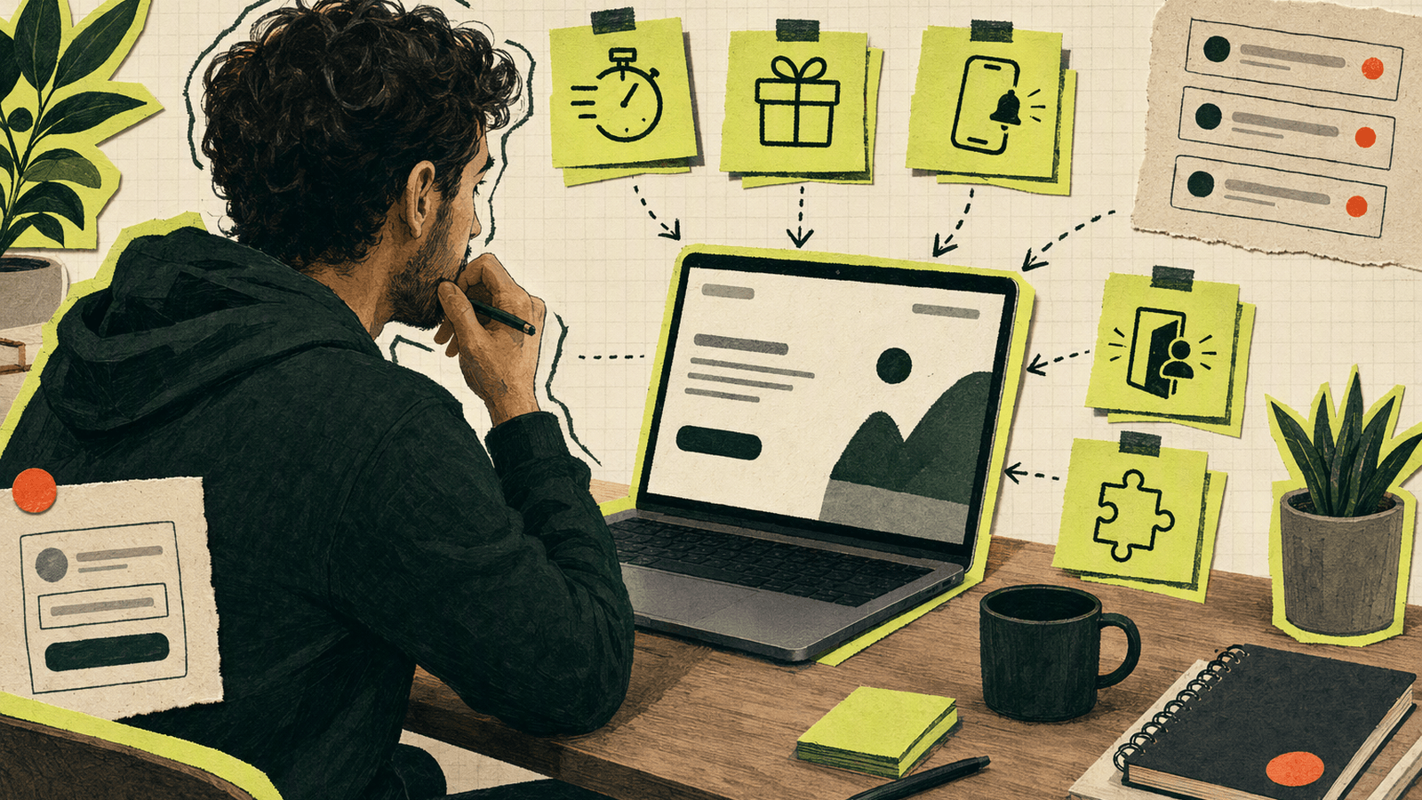 Solo founder in a small workspace weighing setup speed, cost, notifications, and lead capture before choosing a live chat tool.
