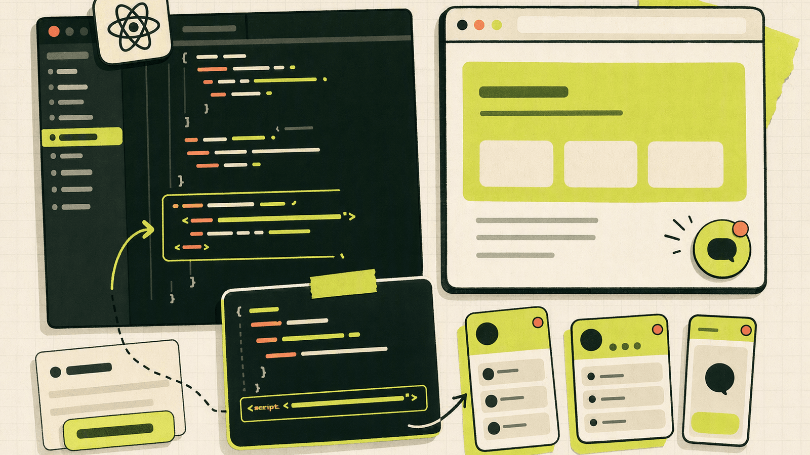 React code editor adding the Knocket script beside a browser preview where the chat widget is ready to load.