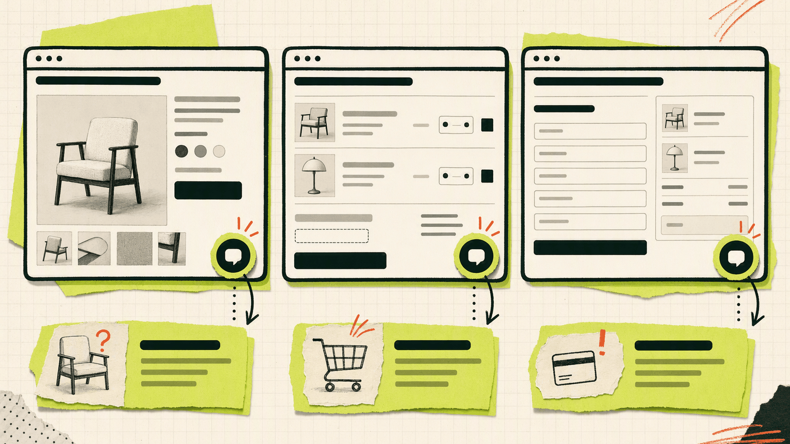 Three Shopify page mockups showing practical live chat widget placement on product, cart, and checkout pages.