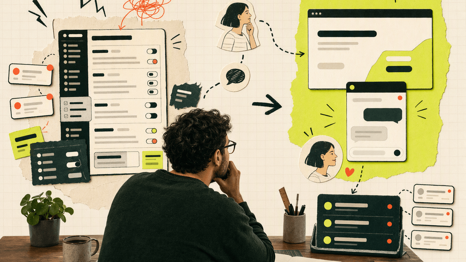 Solo founder reviewing a cluttered live chat setup while a customer waits for a simple way to make contact.