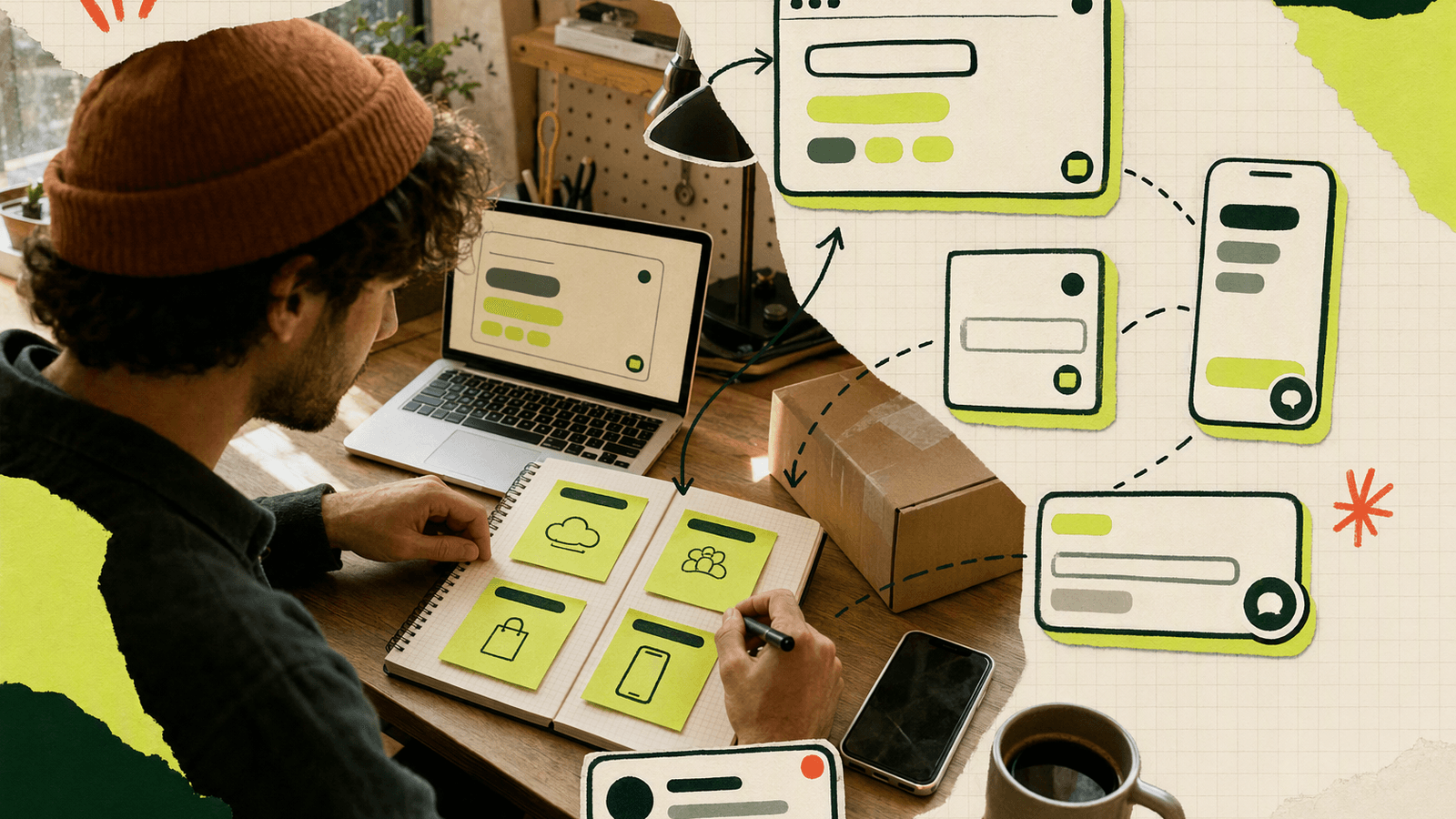 Solo founder at a desk reviewing customer messages from a SaaS site, waitlist, shop page, and mobile app contact link.
