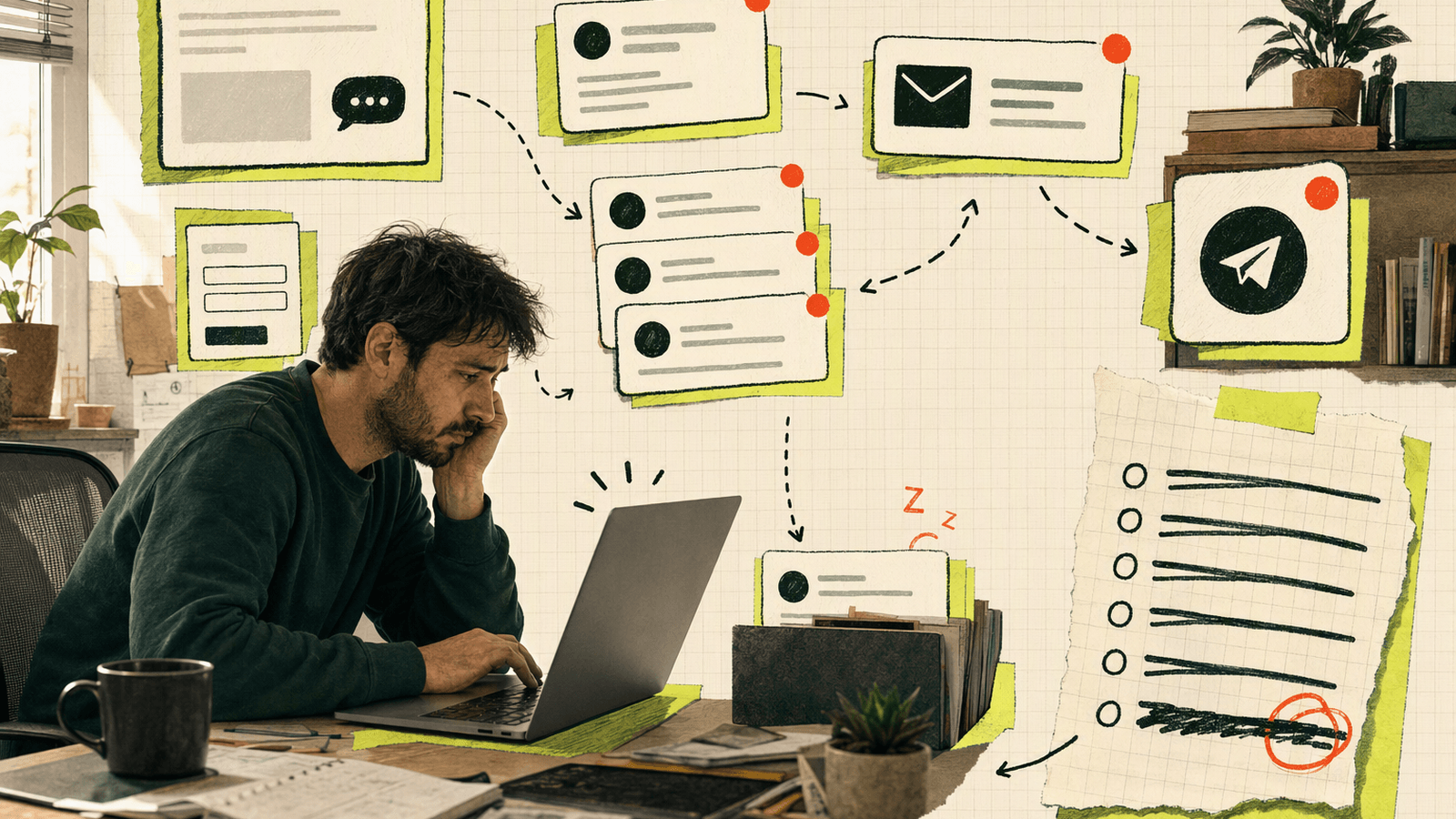 A solo founder at a desk juggling website chat, email, contact form, and Telegram messages while one customer request goes unnoticed.