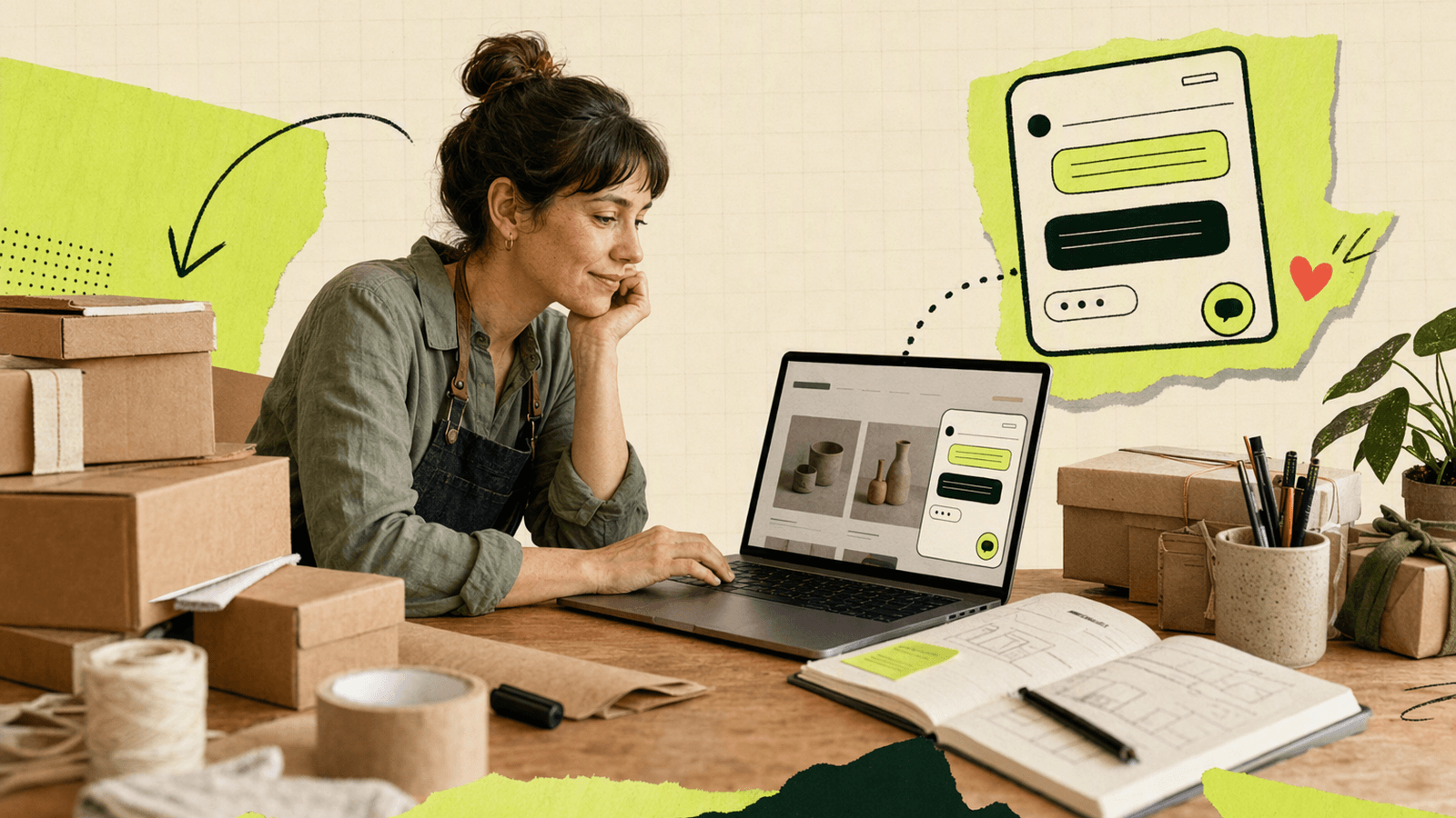 Small business owner answering a visitor question from a Wix site while preparing an order in a real workspace.