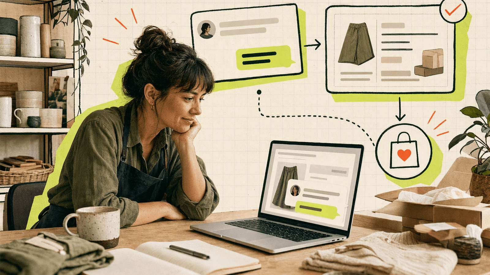 Small business owner at a laptop helps a website visitor choose a product, turning a question into a confident purchase.