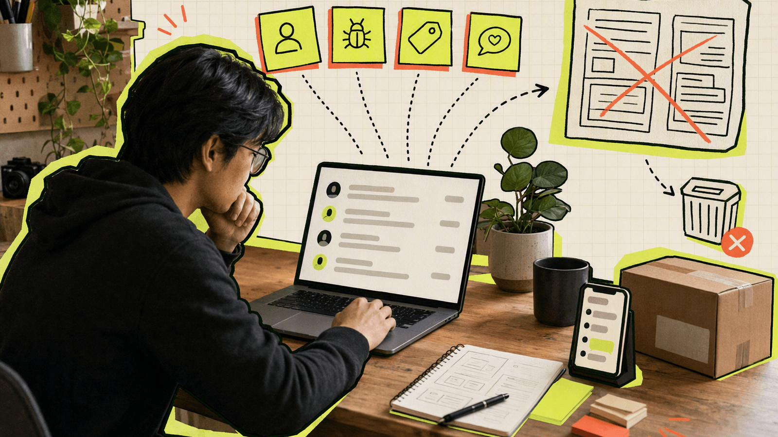 Solo founder at a small desk reviews early customer messages and notes before choosing a lightweight support tool.