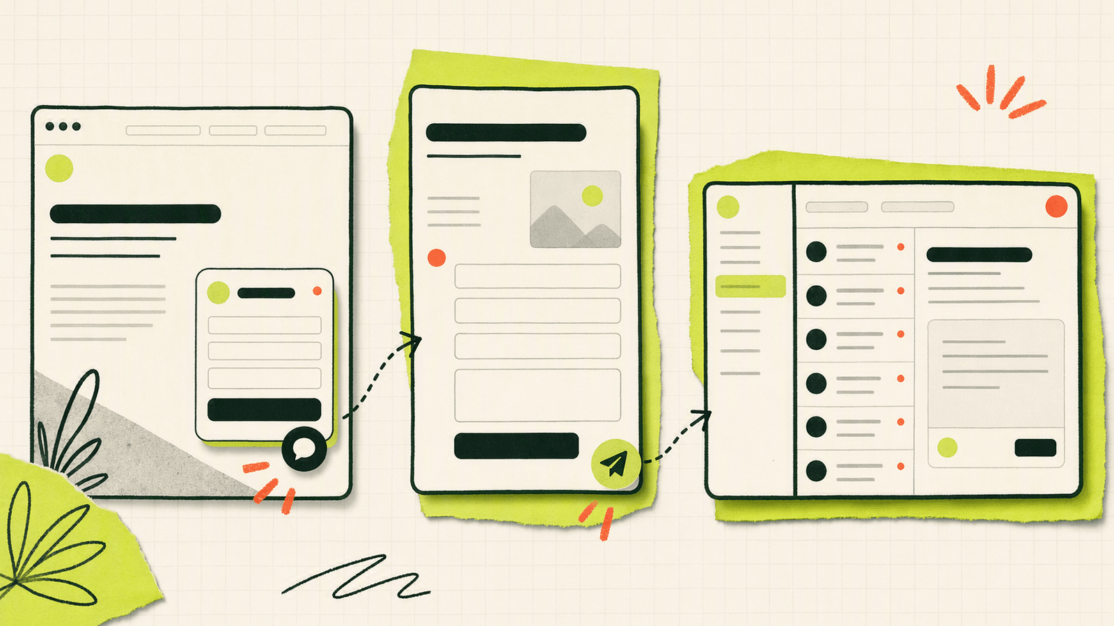 Simple product view showing a contact widget, public contact page, and unified inbox working together for early conversations.
