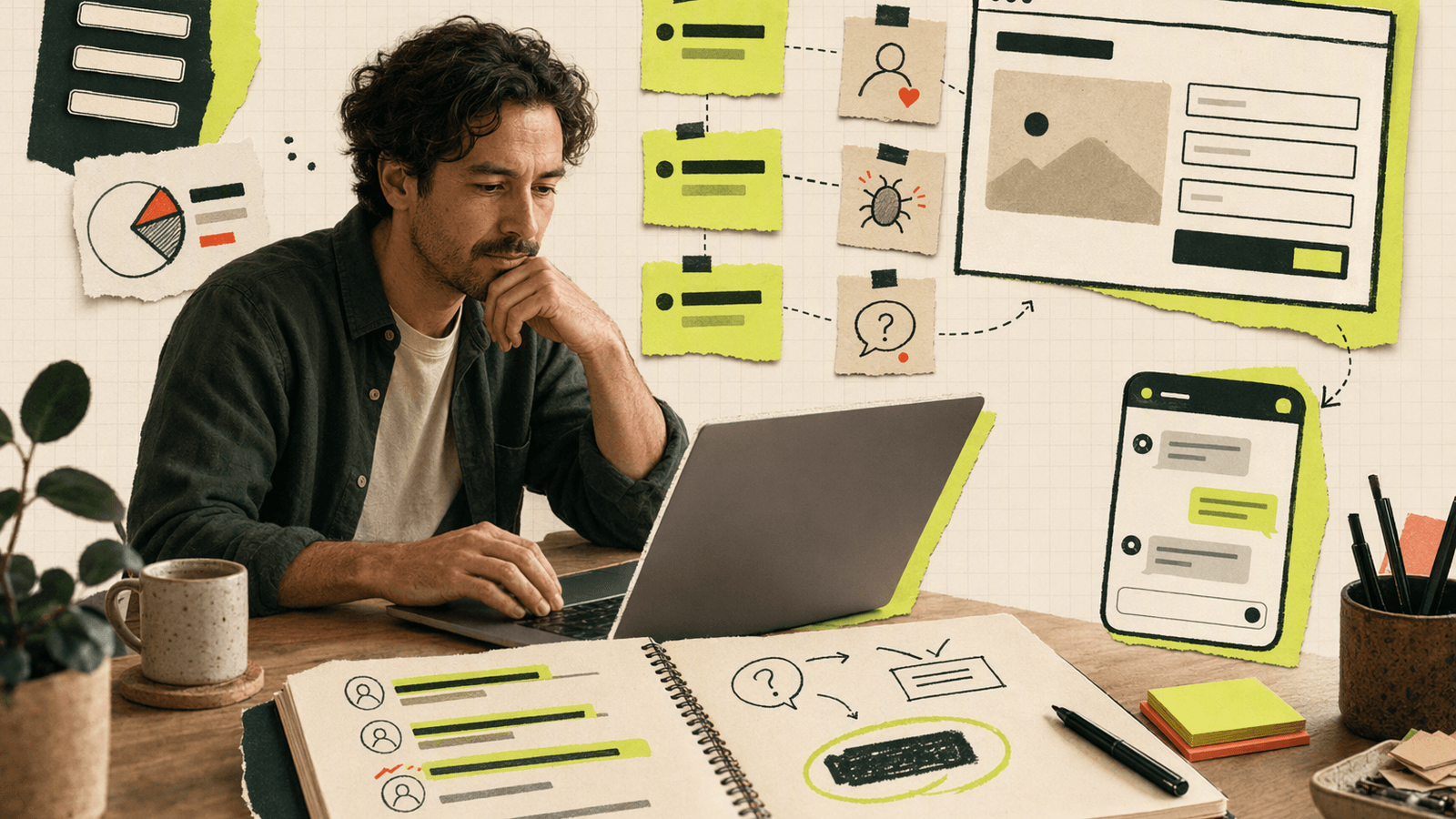 Solo founder reviewing early user feedback at a small workspace while deciding how reachable the product needs to be.