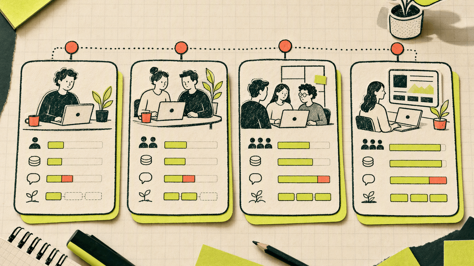 Four pricing scenario cards compare support needs for a solo founder, startup pair, SaaS team, and content business.